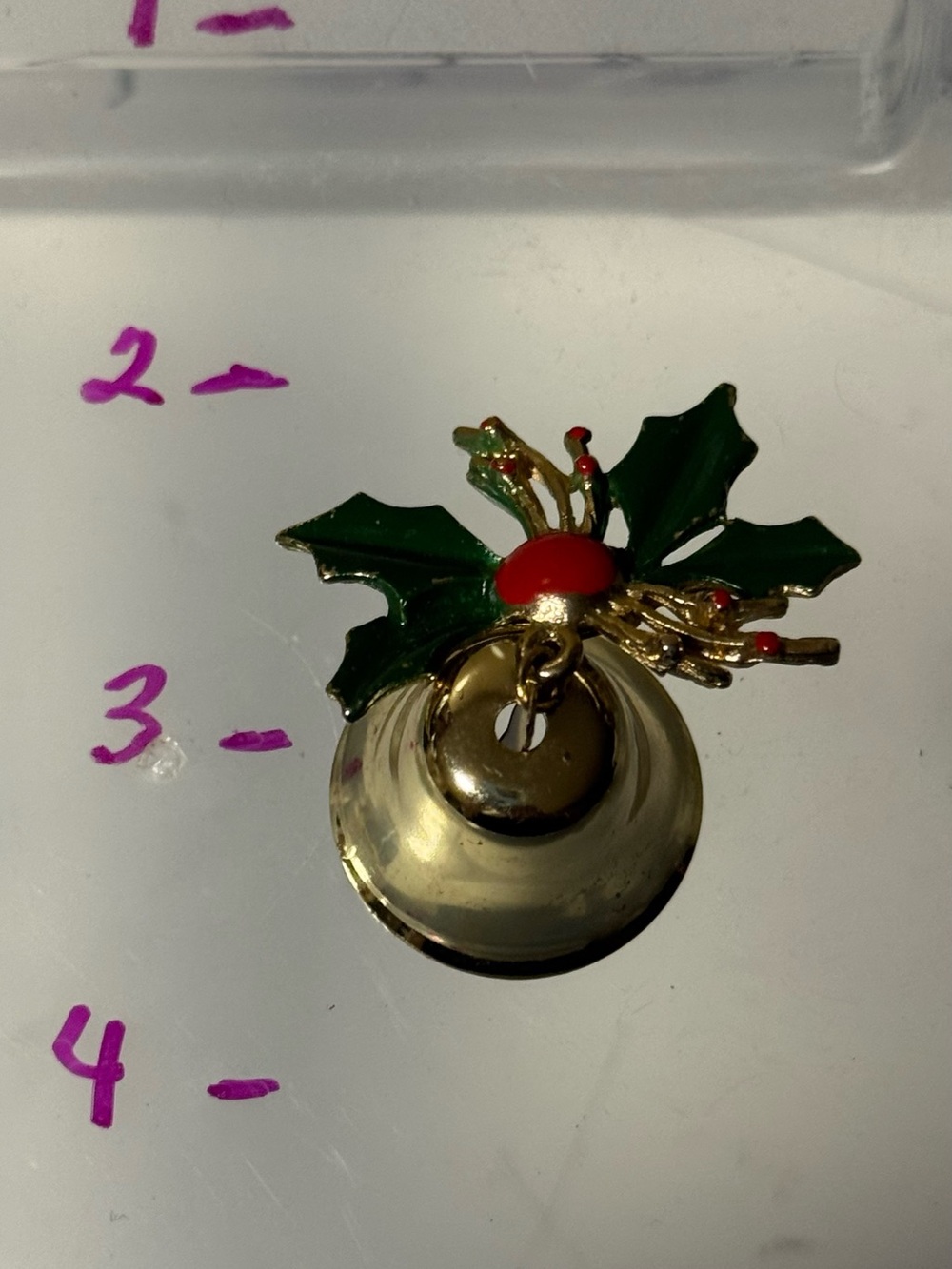 Gold-Tone Holiday Bell Brooch with Green Holly and Red Berry Accent